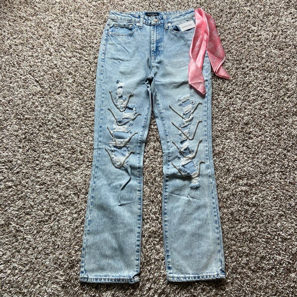 Juicy Couture Straight Destroyed Jean Women's 25 Light Wash Rhinestone Chains